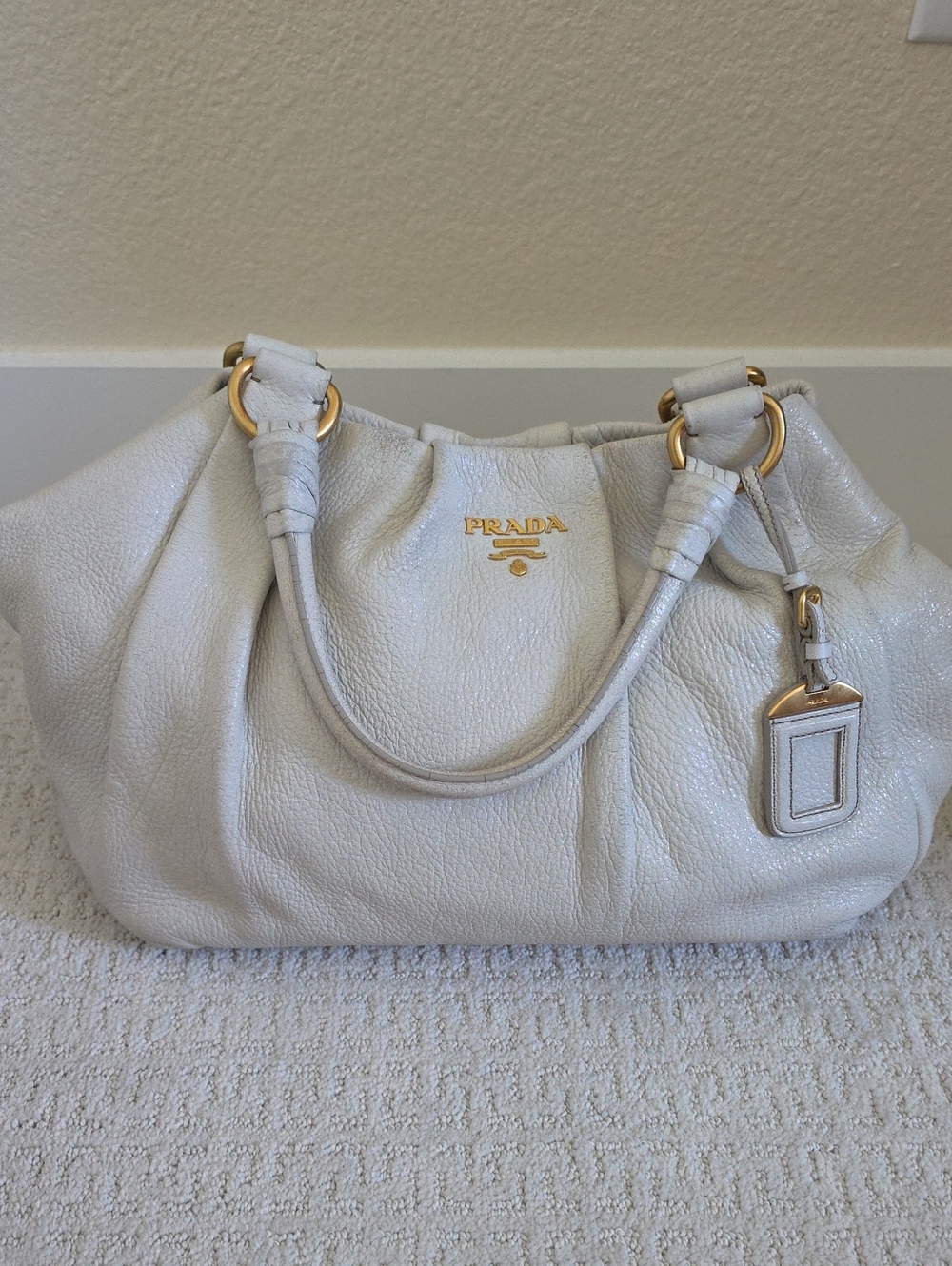 Prada White Pebbled Leather Shoulder Bag with Gold Hardware